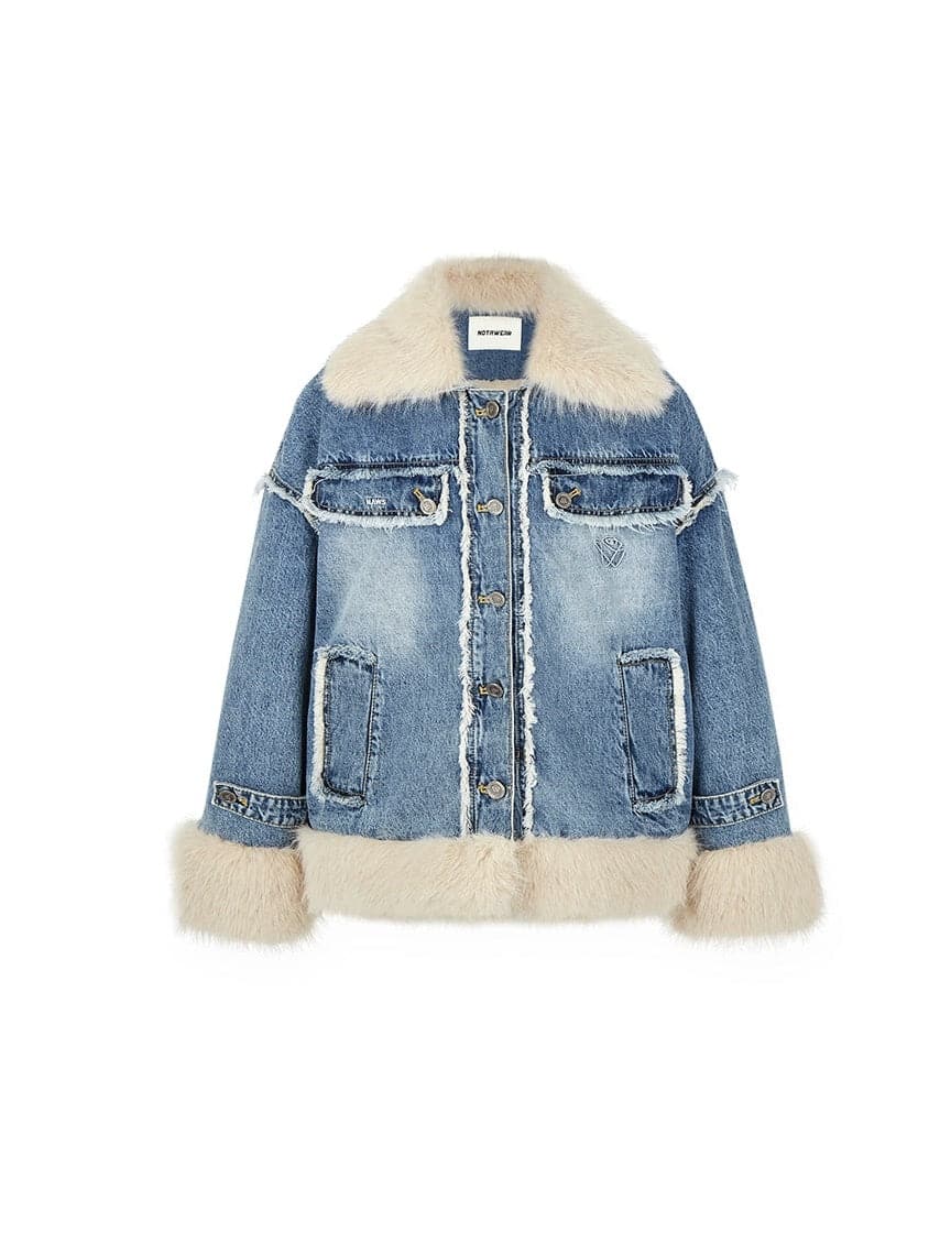 Detachable Fur Collar Denim Jacket - chiclara