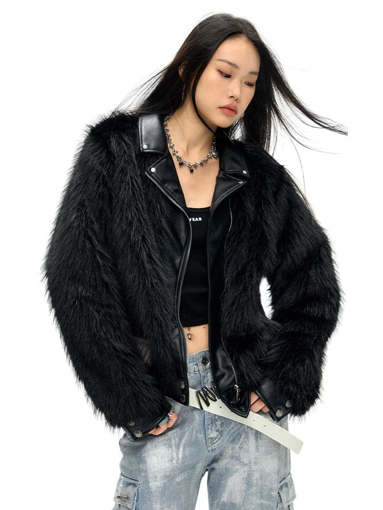 Leather Lapel Long Hair Eco-Friendly Fur Jacket - chiclara