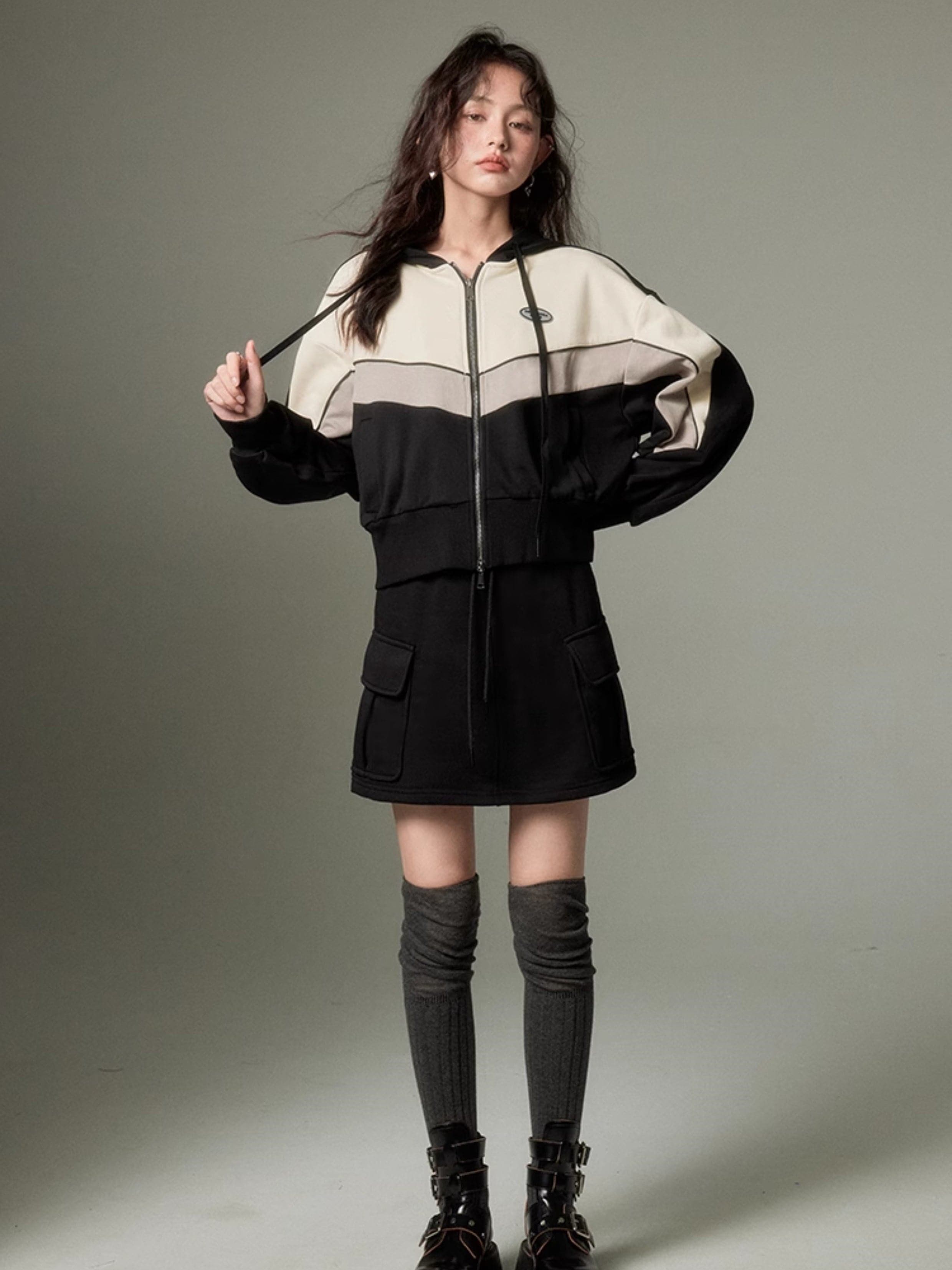 Sporty Zip-Up Hoodie & Flared Skirt - chiclara