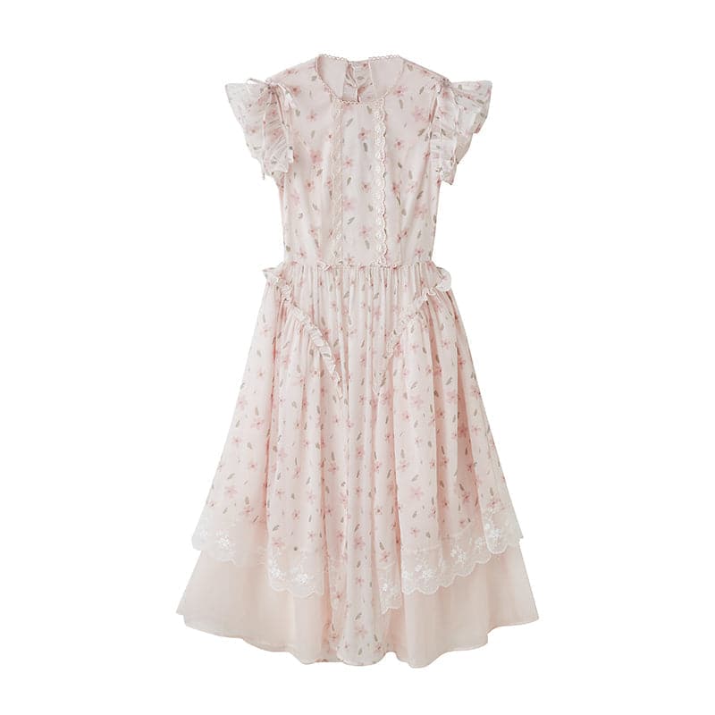 Lace Ruffled Flying Sleeve Dress - chiclara