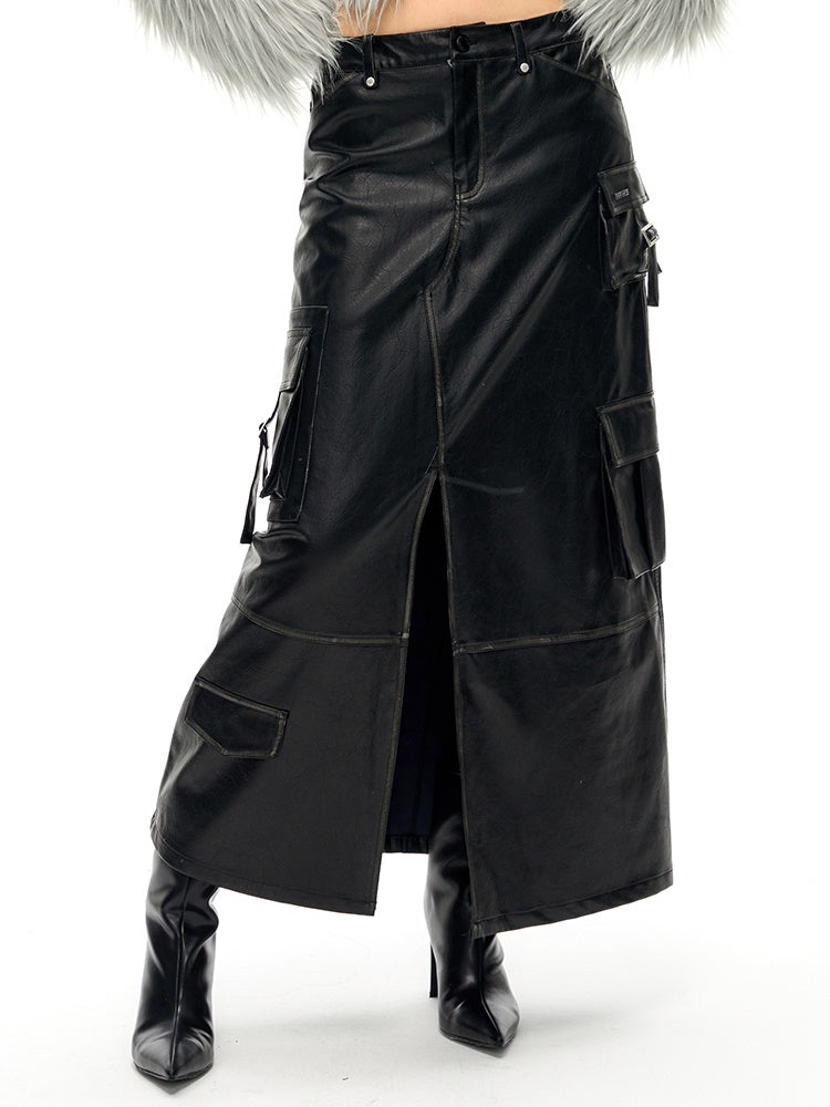 Old Polished Pu Leather Skirt - chiclara