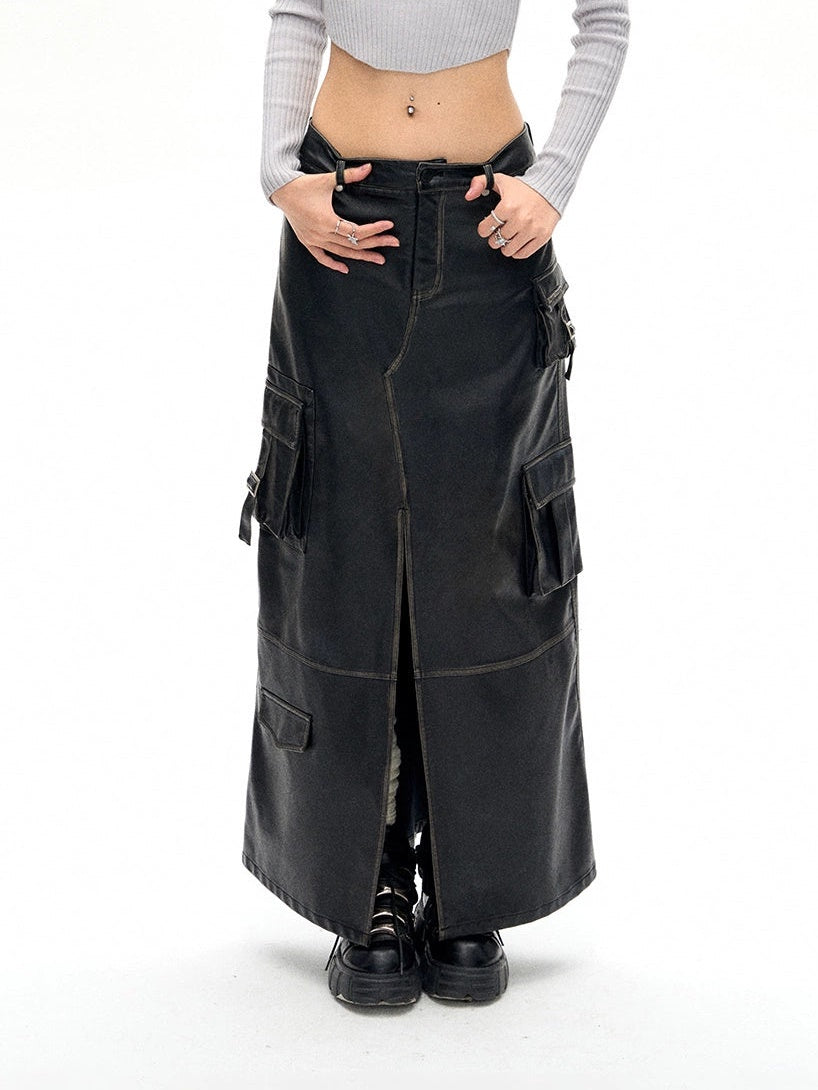 Old Polished Pu Leather Skirt - chiclara