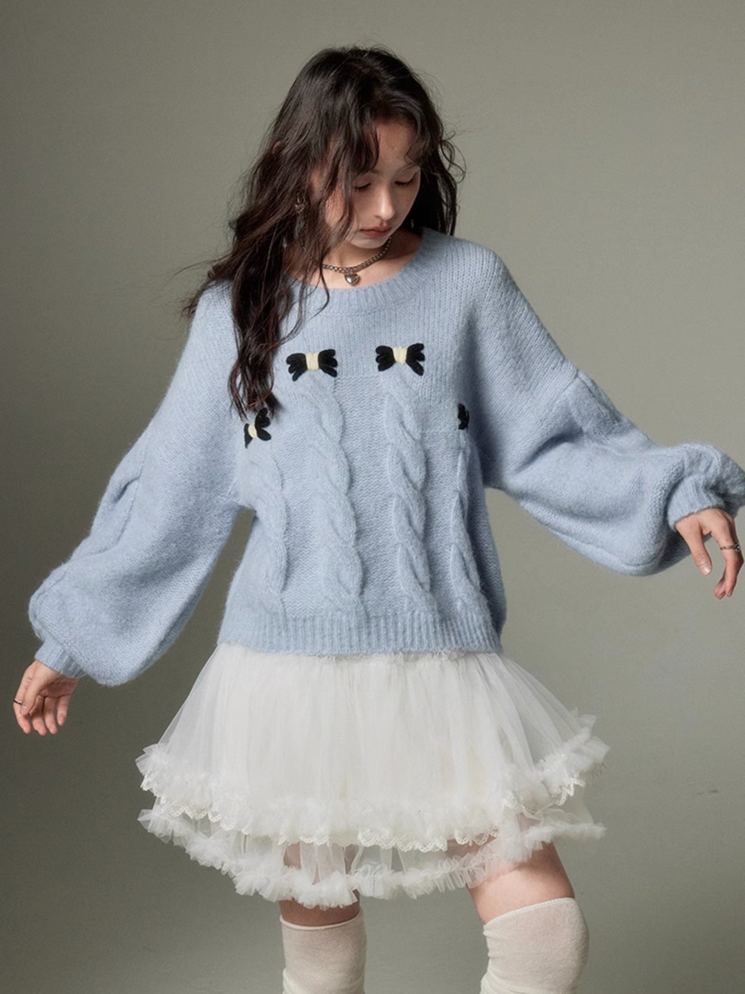 Cable Bow Knit Sweater - chiclara