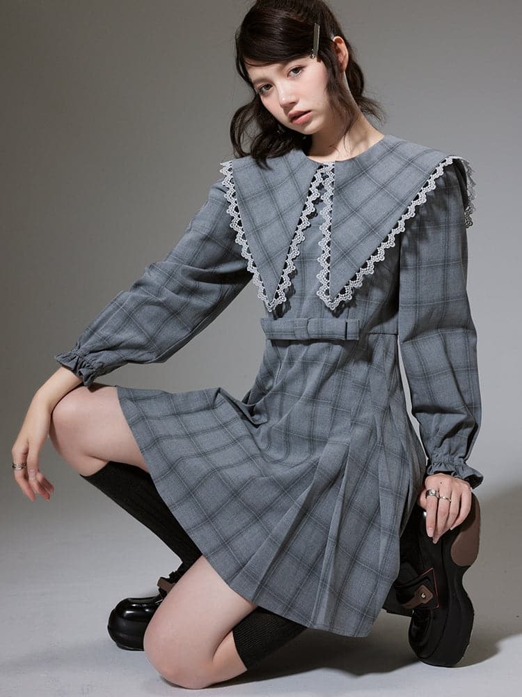 Plaid Pleated Dress With Oversized Lapel - chiclara