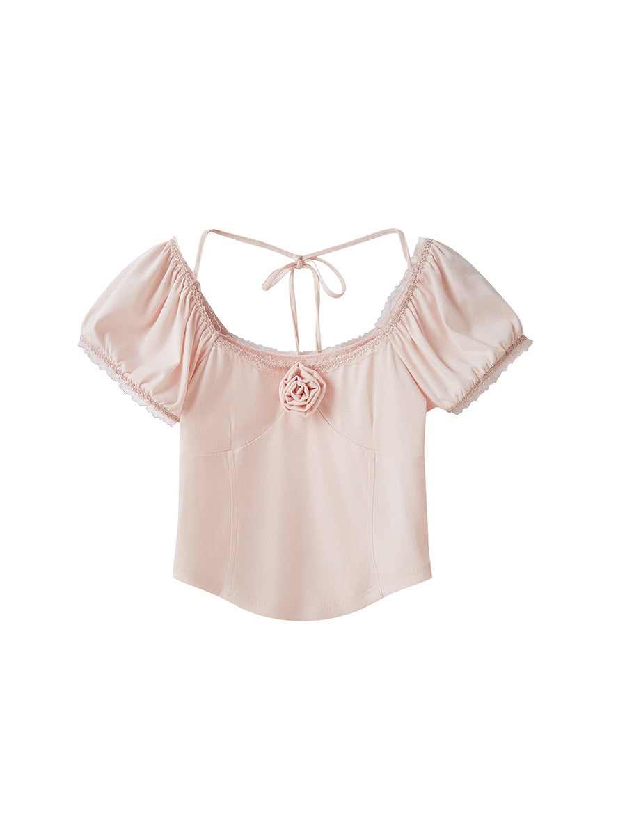Rose Desire T-Shirt: Square Neck With Puff Sleeves - chiclara
