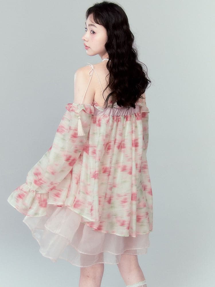 Romantic Lace Floral Dress With Irregular Hem And Ribbon - chiclara