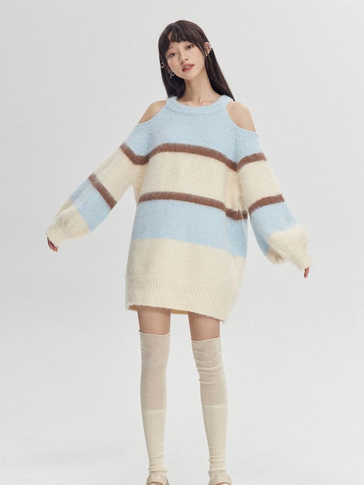 Striped Off-Shoulder Sweater - chiclara