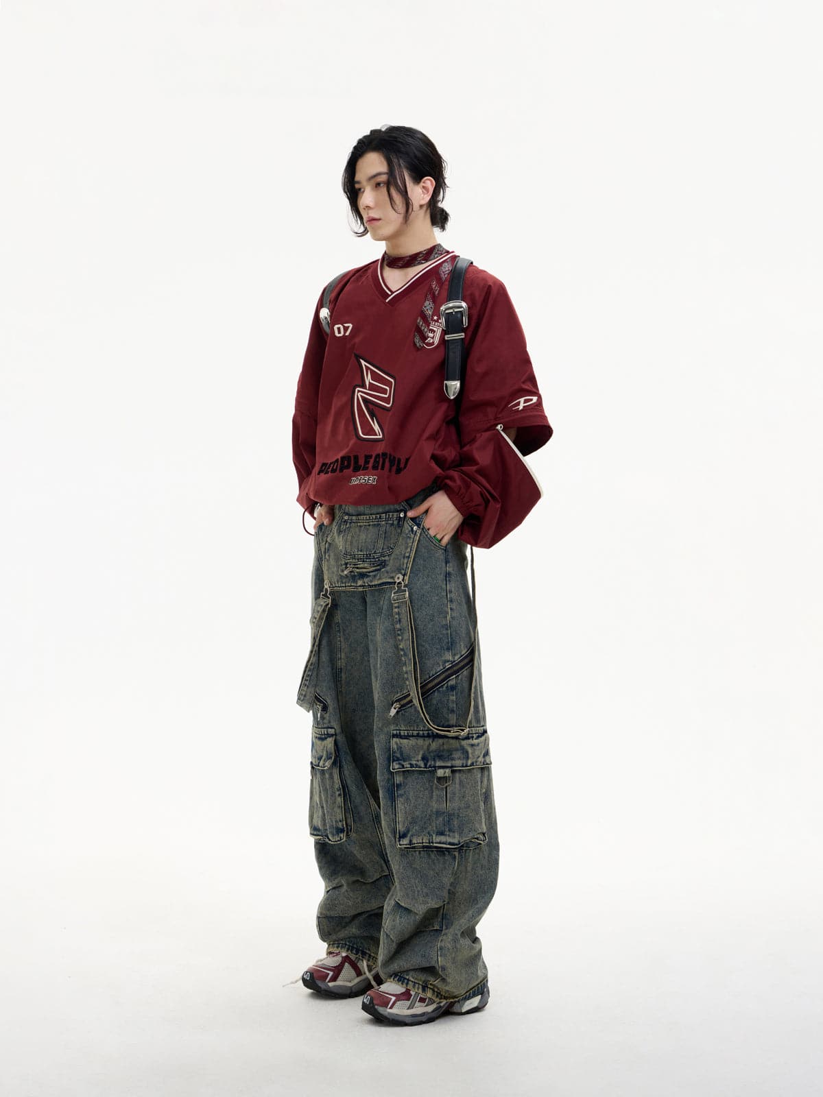Detachable Suspender Washed Multi-Pocket Cargo Jeans - chiclara