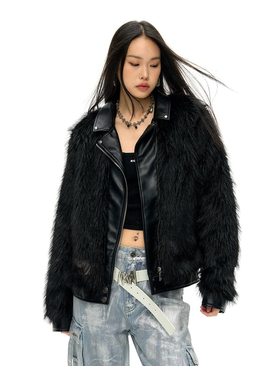 Leather Lapel Long Hair Eco-Friendly Fur Jacket - chiclara