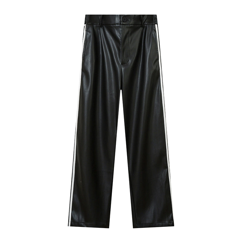 Oversize Pu Leather Tailored Jacket & Wide-Leg Faux Leather Trousers Set - chiclara