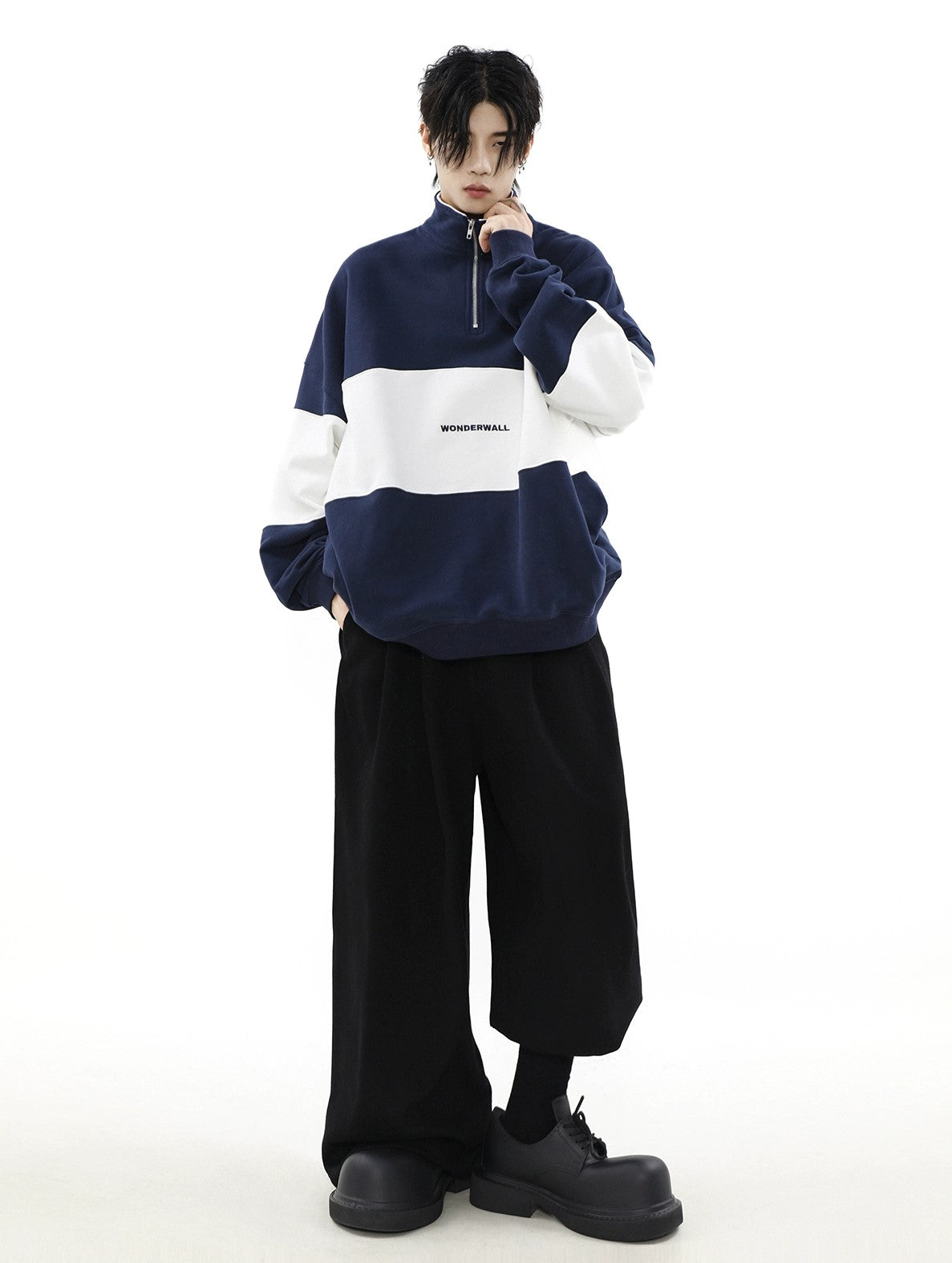 Collared Zip-Up Oversize Sweatshirt - chiclara