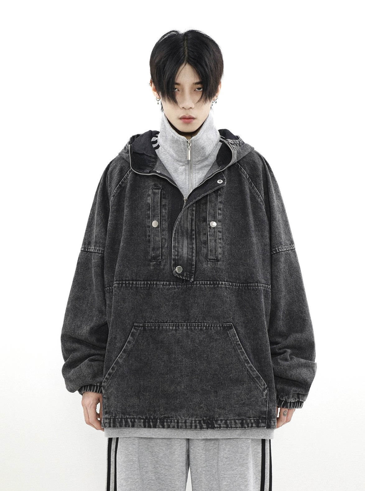 Zip-Front Denim Oversize Hoodie - chiclara