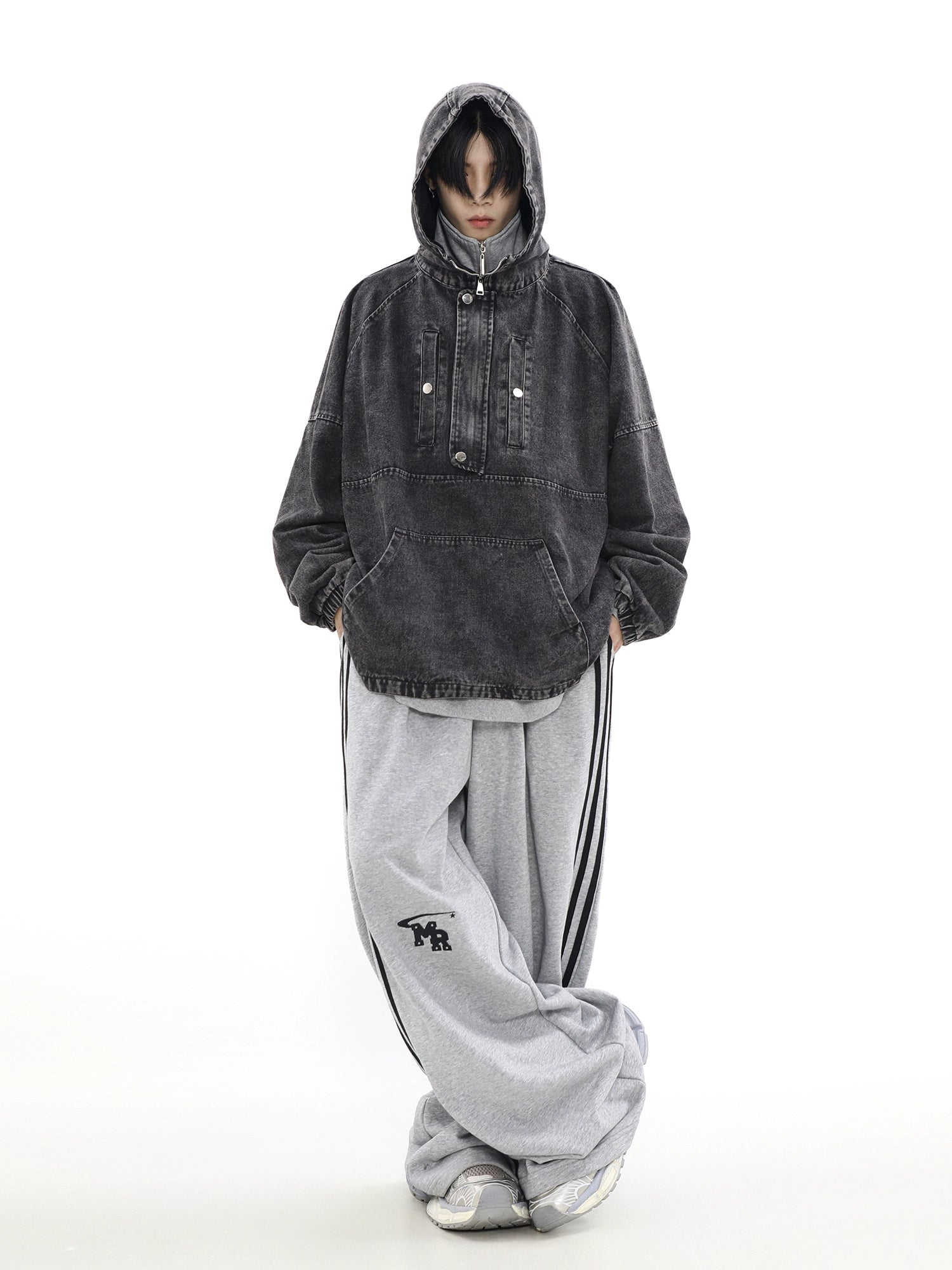 Zip-Front Denim Oversize Hoodie - chiclara