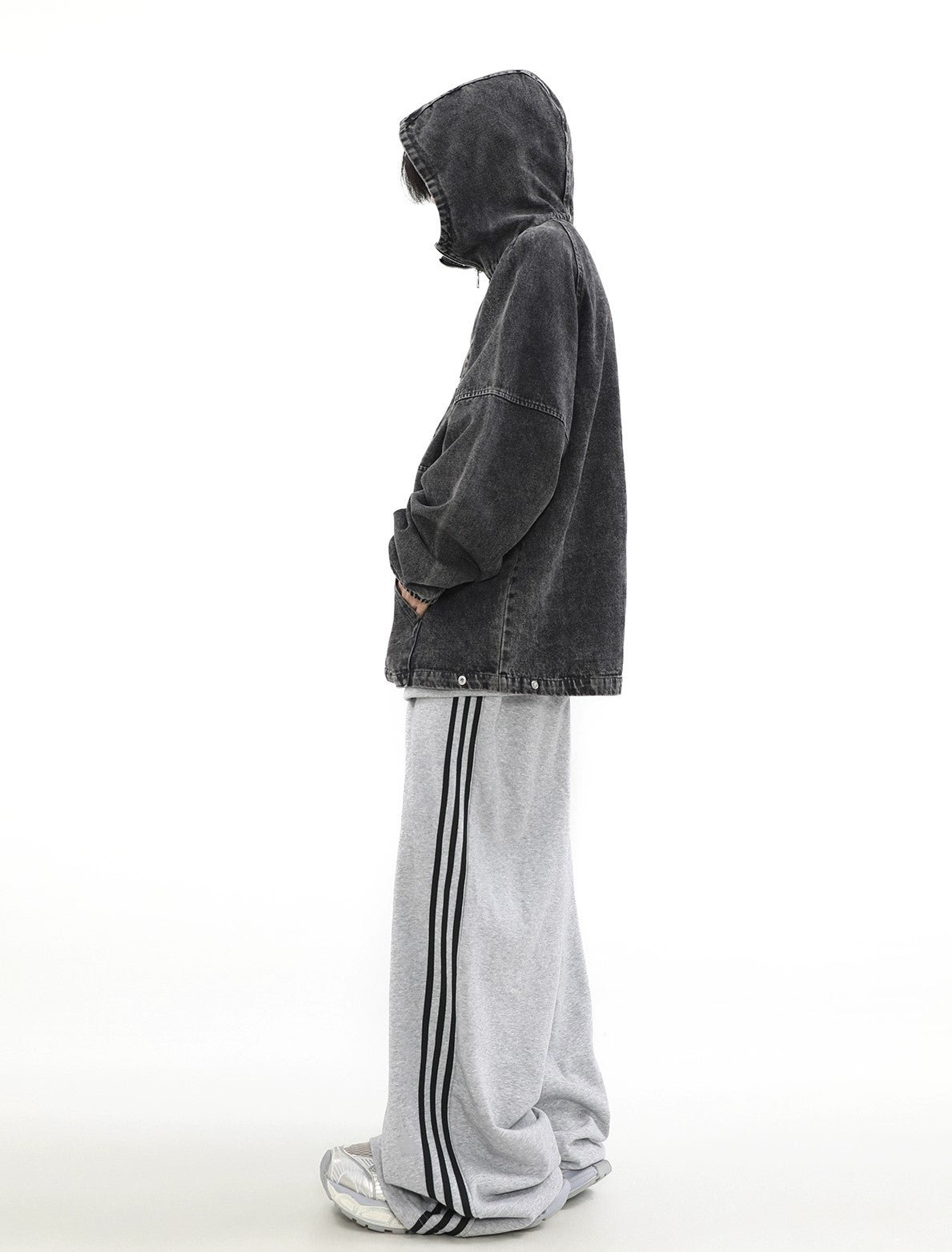 Zip-Front Denim Oversize Hoodie - chiclara