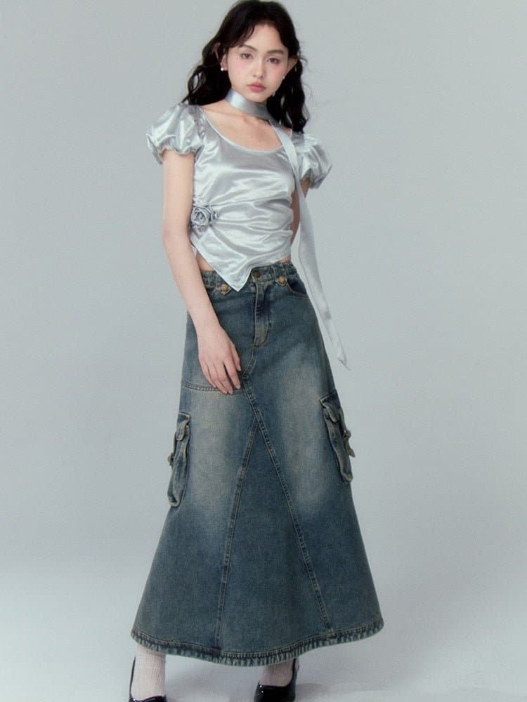 A-Line Denim Skirt with Washed Pocket Detail - chiclara