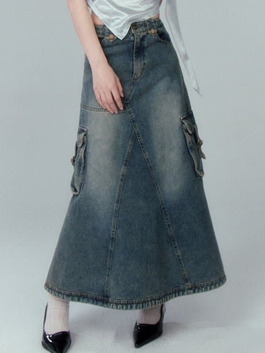 A-Line Denim Skirt with Washed Pocket Detail - chiclara