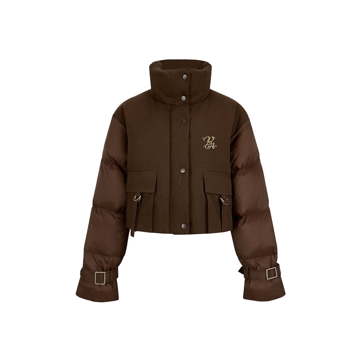 Brown Color Blocked Cargo Down Jacket - chiclara