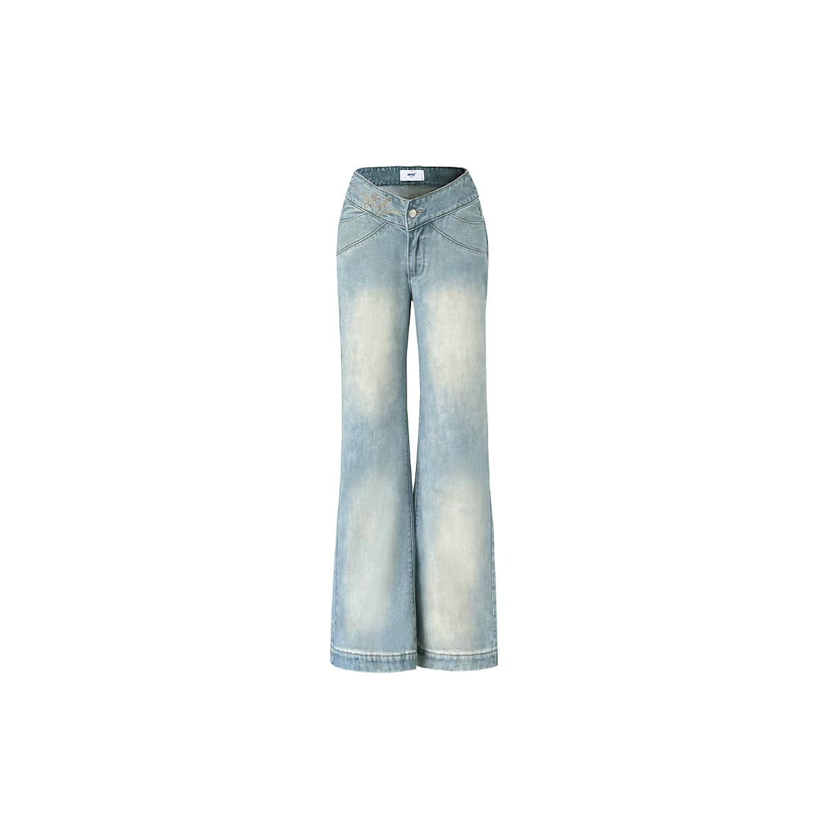 Light Blue V-Waist Straight Loose Jeans - chiclara