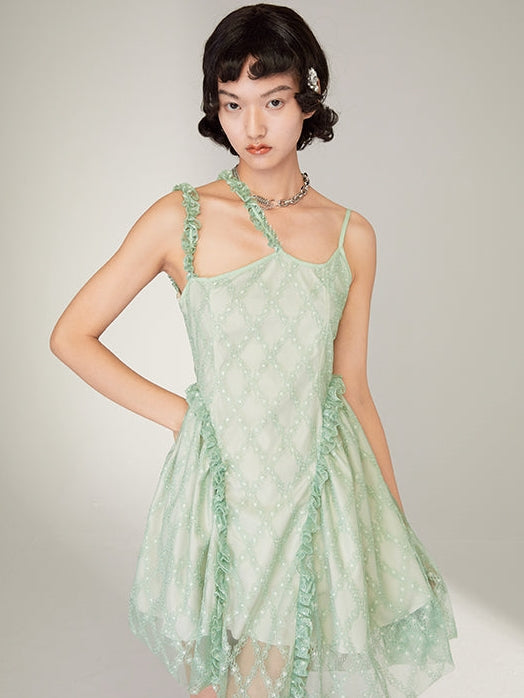 Irregular Hem Split Sling Dress In Green Lace - chiclara