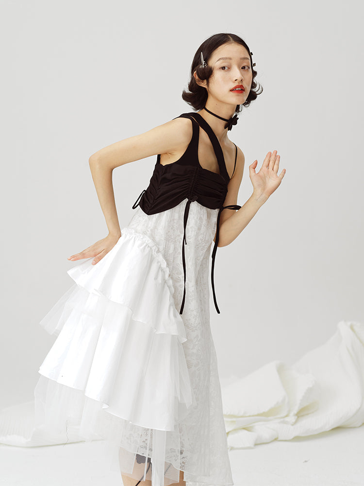 Irregular Suspender Dress In Black And White - chiclara