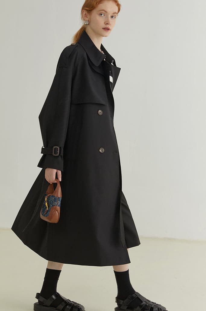 Double-Breasted Loose Mid-Length Melton Trench Coat - chiclara