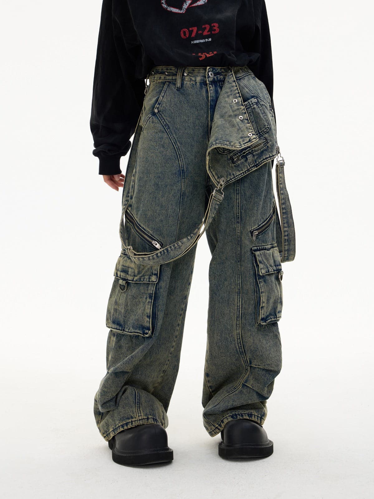 Detachable Suspender Washed Multi-Pocket Cargo Jeans - chiclara