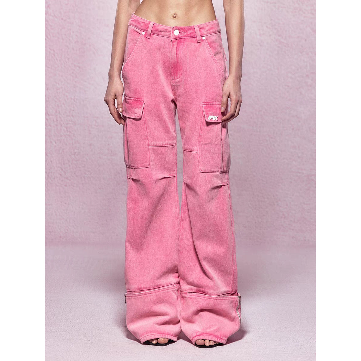 Pink Wide-Leg Denim Cargo Jeans With Pockets - chiclara